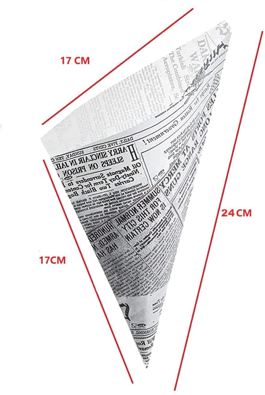 Coni per fritti in carta antigrasso 70 gr | Cono patatine fritte 17×24 cm | Coni finger food con motivo Giornale – Confezione da 250 pezzi - immagine 3