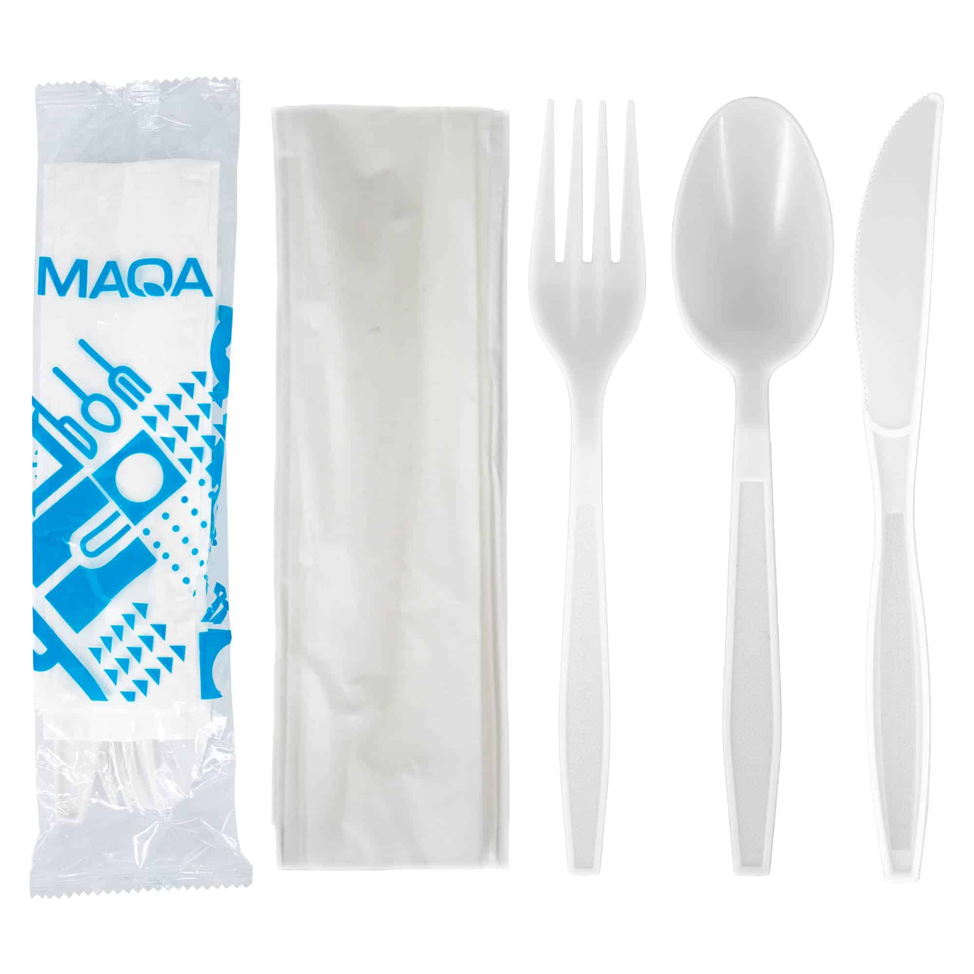 MAQA TRIS Posate Forchetta + Cucchiaio + Coltello & Tovagliolo Riutilizzabili – 1 Confezione da 100 pz.