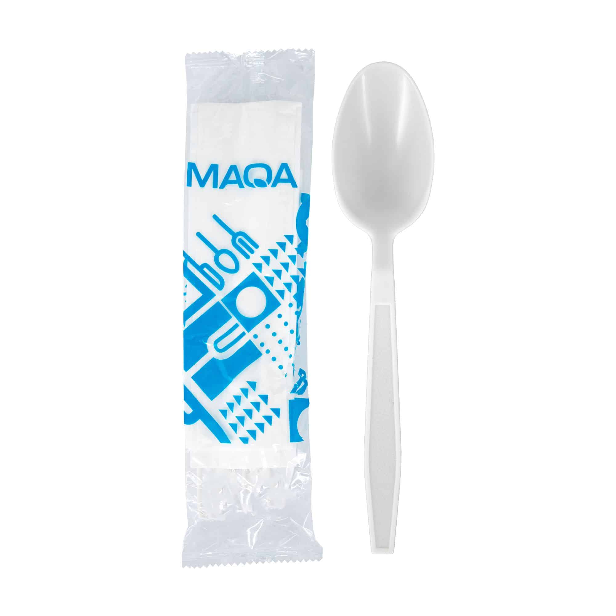 MAQA Cucchiaio in Plastica Riutilizzabile imbustato singolarmente con Tovagliolo – 1 Confezione da 100 pz.